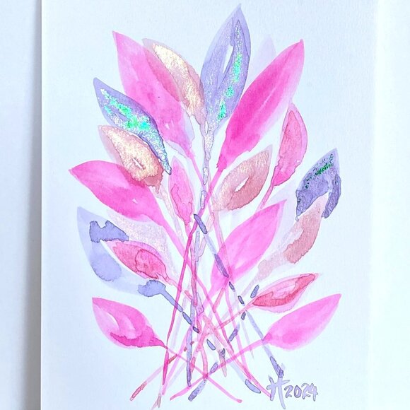 Funky Leaves Parade Original Watercolor Wall Art Painting 8x10in Matted - Picture 1 of 8